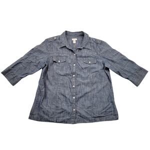 Chico's Button Up Shirt Women's 3, XL Blue Chambray 3/4 Split Sleeve 100% Cotton